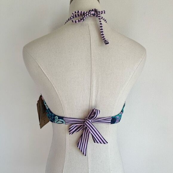 True Craft High Neck Reversible Bikini Top Size Large Paisley Floral and Striped - Picture 2 of 12